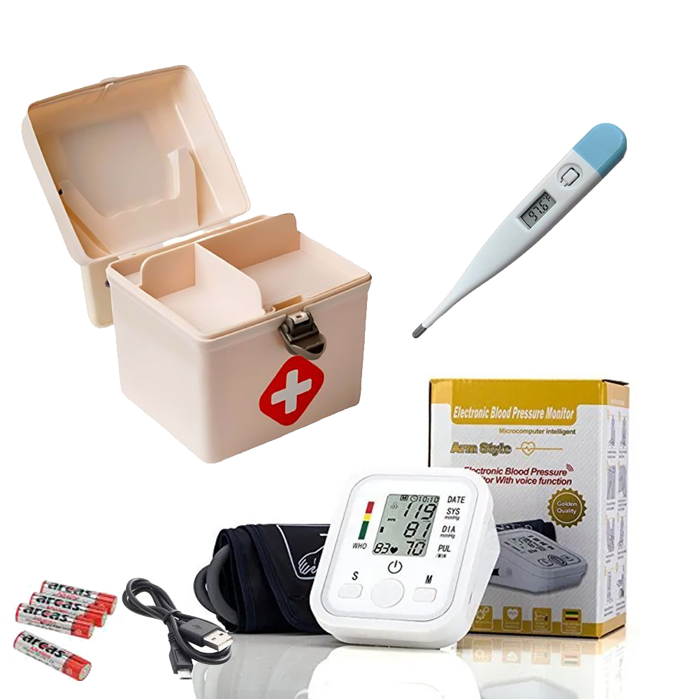 5 in 1 Medical Item ডাইবেটিস মাপারমেশিন+ব্লাড প্রেসার মাপার মেশিন+ডিজিটাল র্থামোমিটার+First aid box+Hot Water Bag